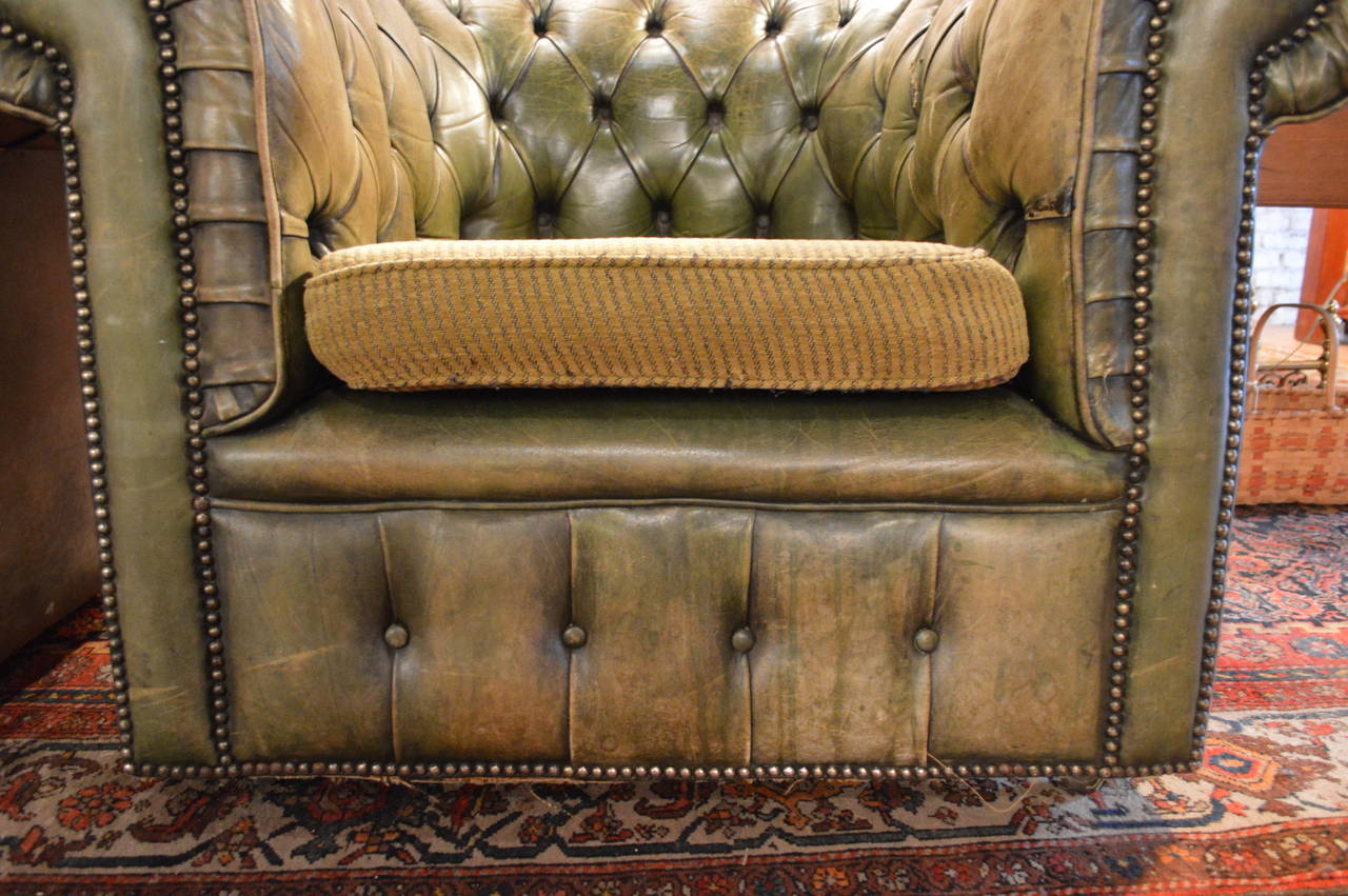 English Green Leather Tufted Chesterfield Club Chairs For Sale at 1stDibs
