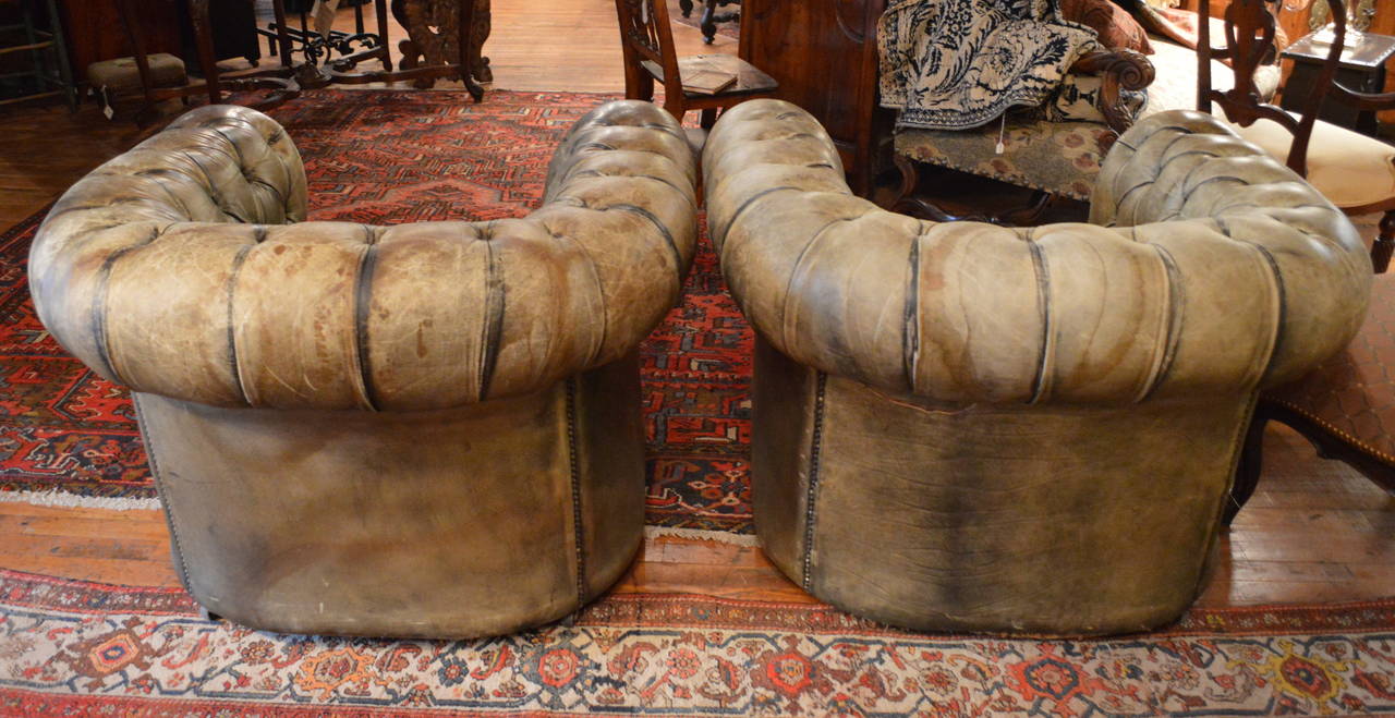 English Green Leather Tufted Chesterfield Club Chairs For Sale at 1stDibs