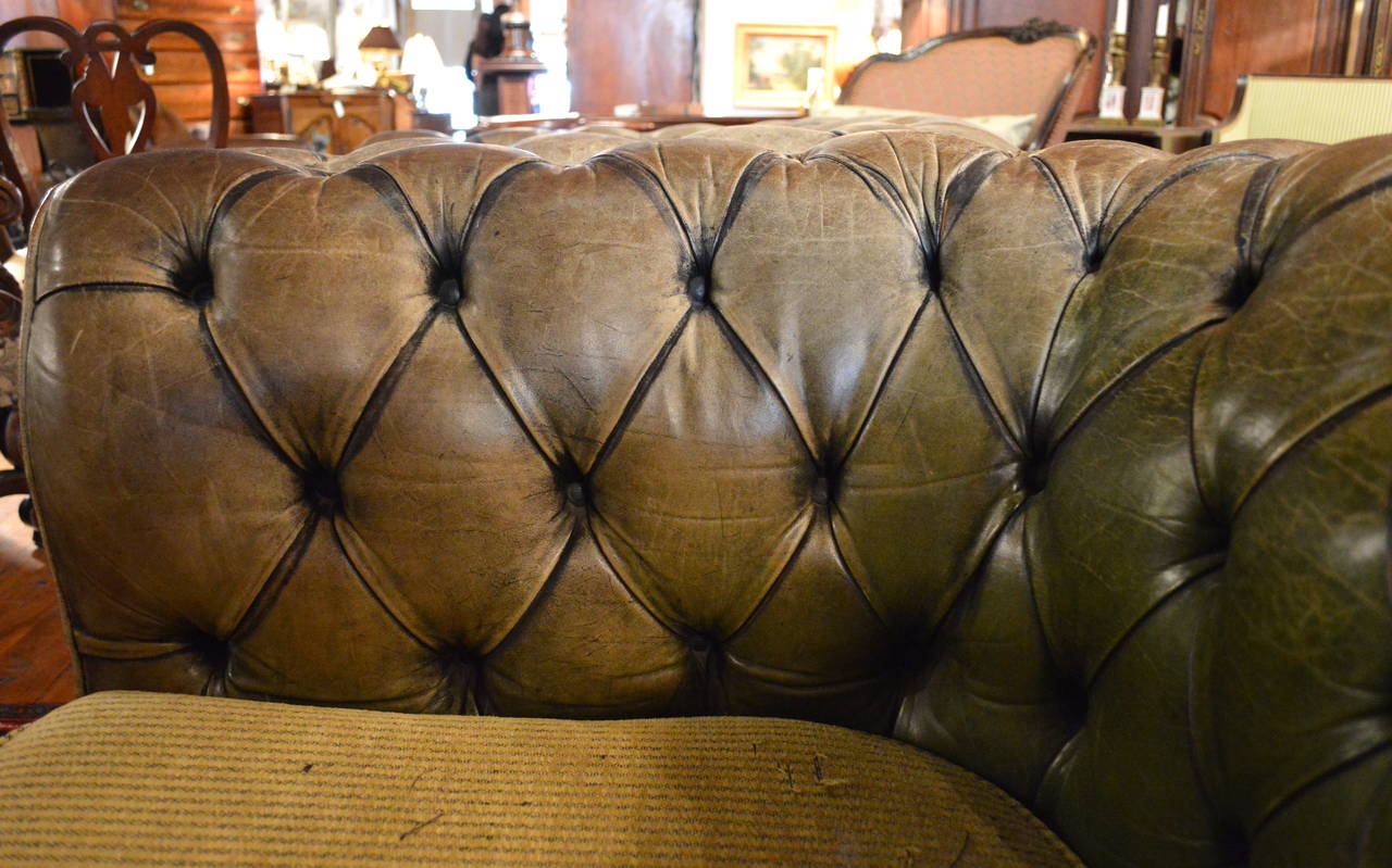 English Green Leather Tufted Chesterfield Club Chairs For Sale at 1stDibs