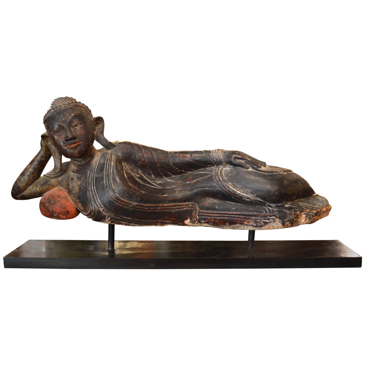 Antique, Carved Polychrome and Gilt Buddha, Reclining For Sale