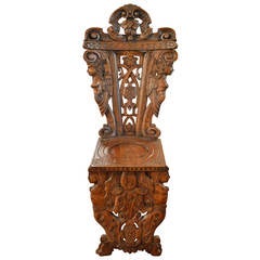 Antique 19th Century Italian Pierced Carved Renaissance Style Hall Chair, Walnut