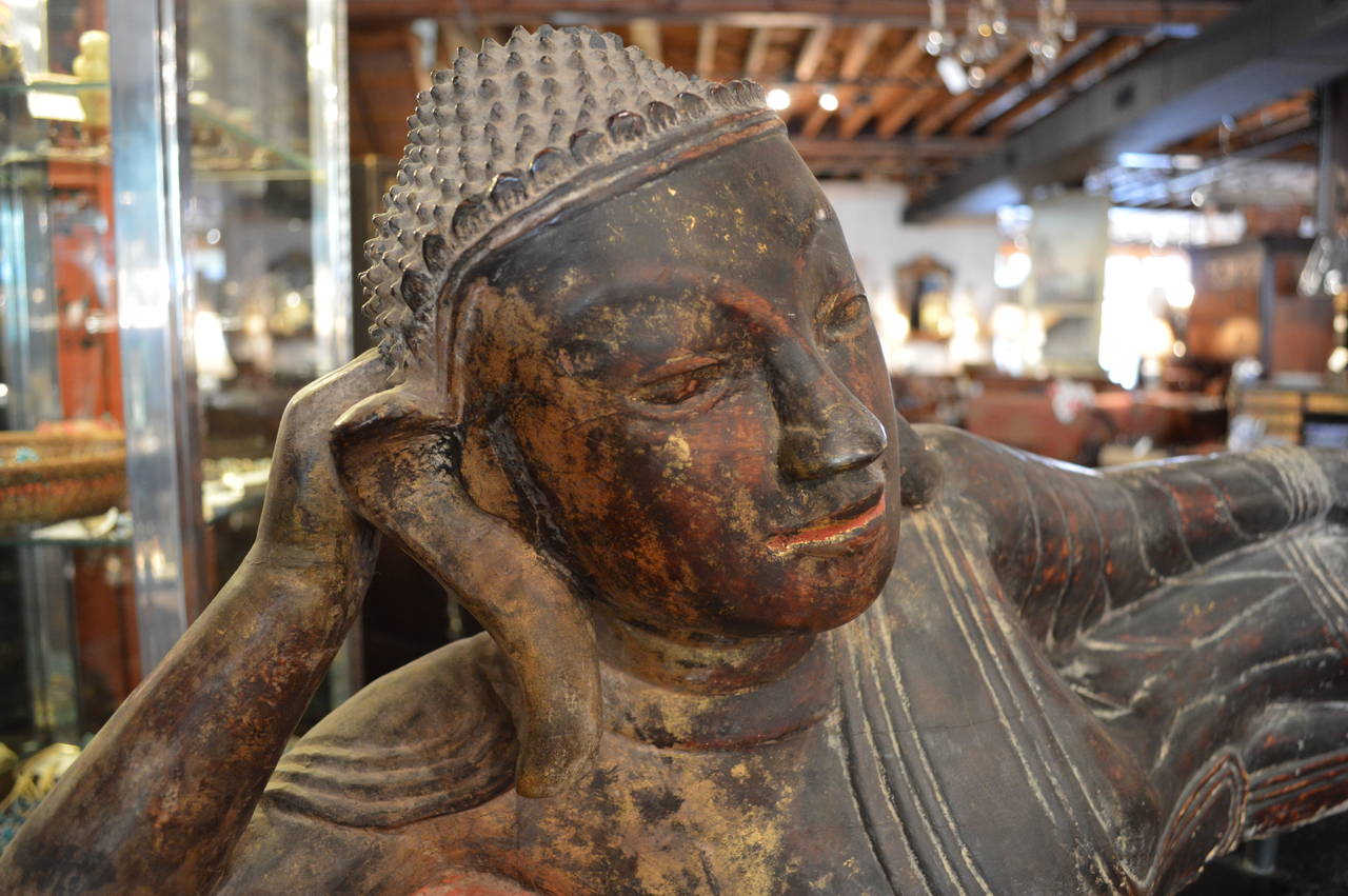 19th Century Antique, Carved Polychrome and Gilt Buddha, Reclining For Sale