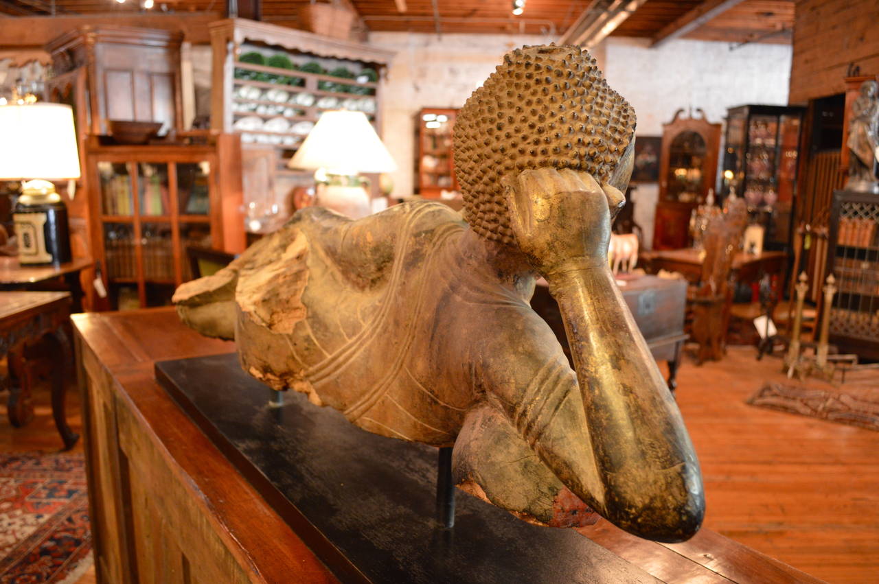 Antique, Carved Polychrome and Gilt Buddha, Reclining In Good Condition For Sale In Asheville, NC