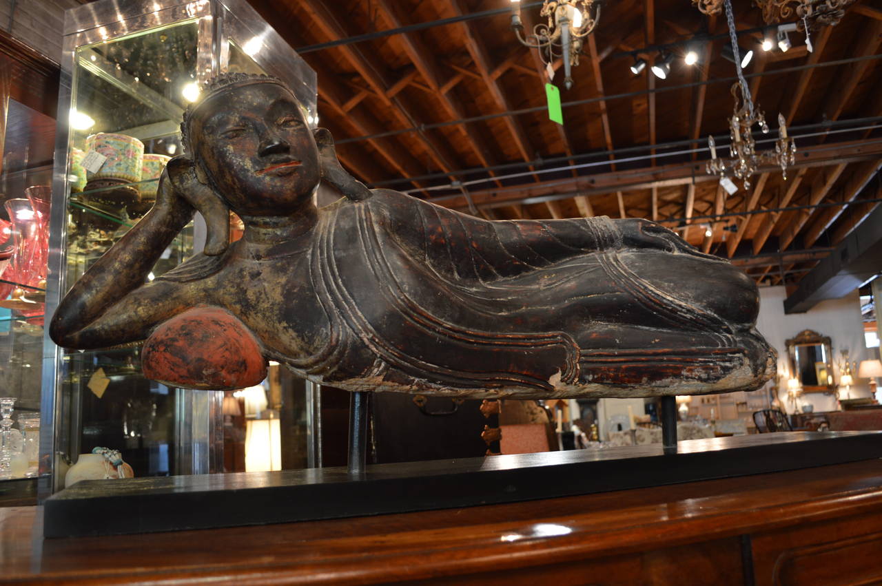 Antique, Carved Polychrome and Gilt Buddha, Reclining For Sale 4