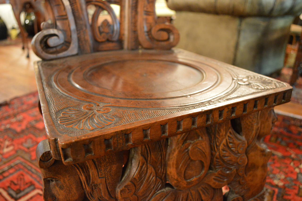 19th Century Italian Pierced Carved Renaissance Style Hall Chair, Walnut