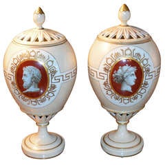 Continental Neoclassical Double-Sided Porcelain Hand Painted Urns