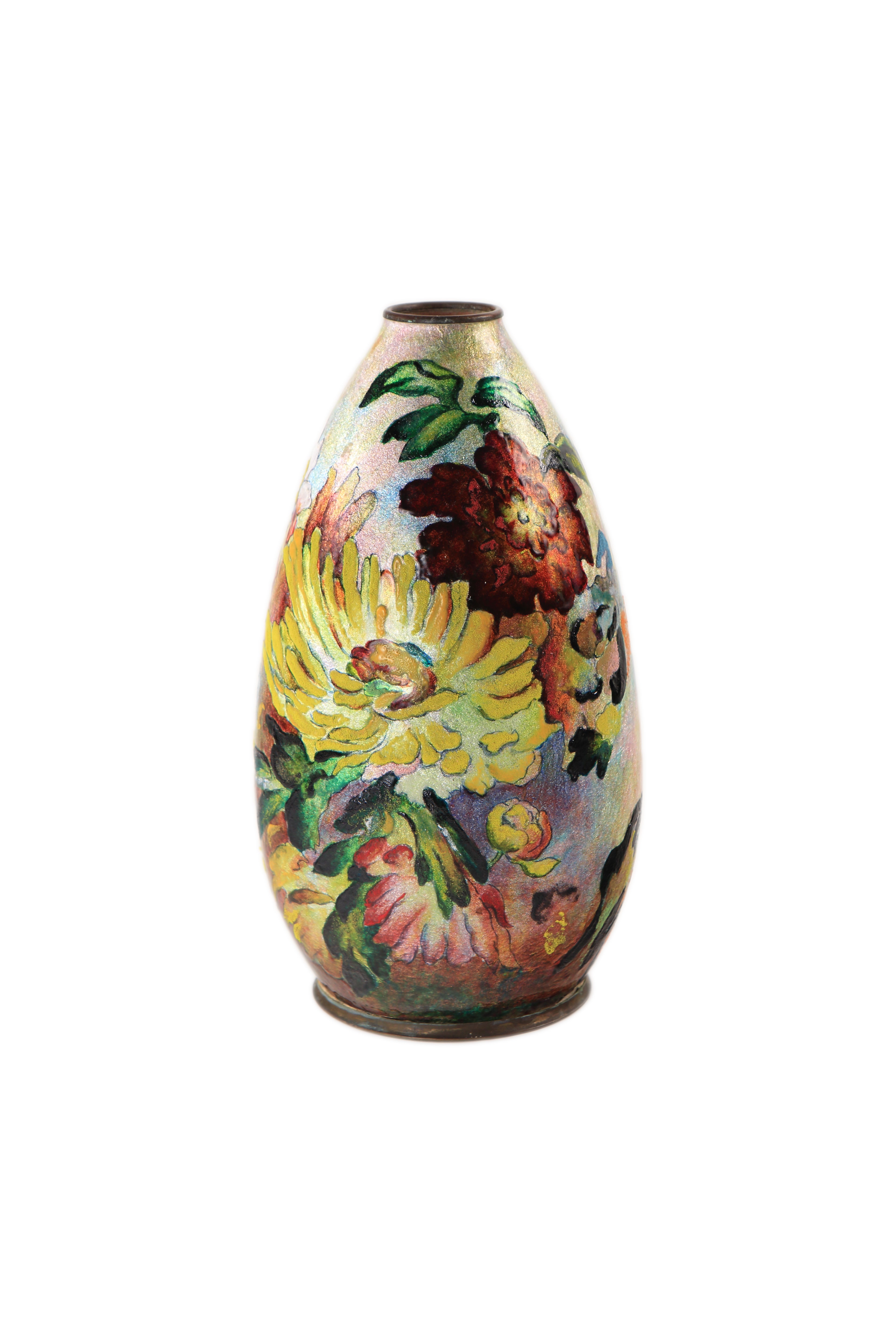 Enameled Floral Art Deco Vase by, Camille Fauré