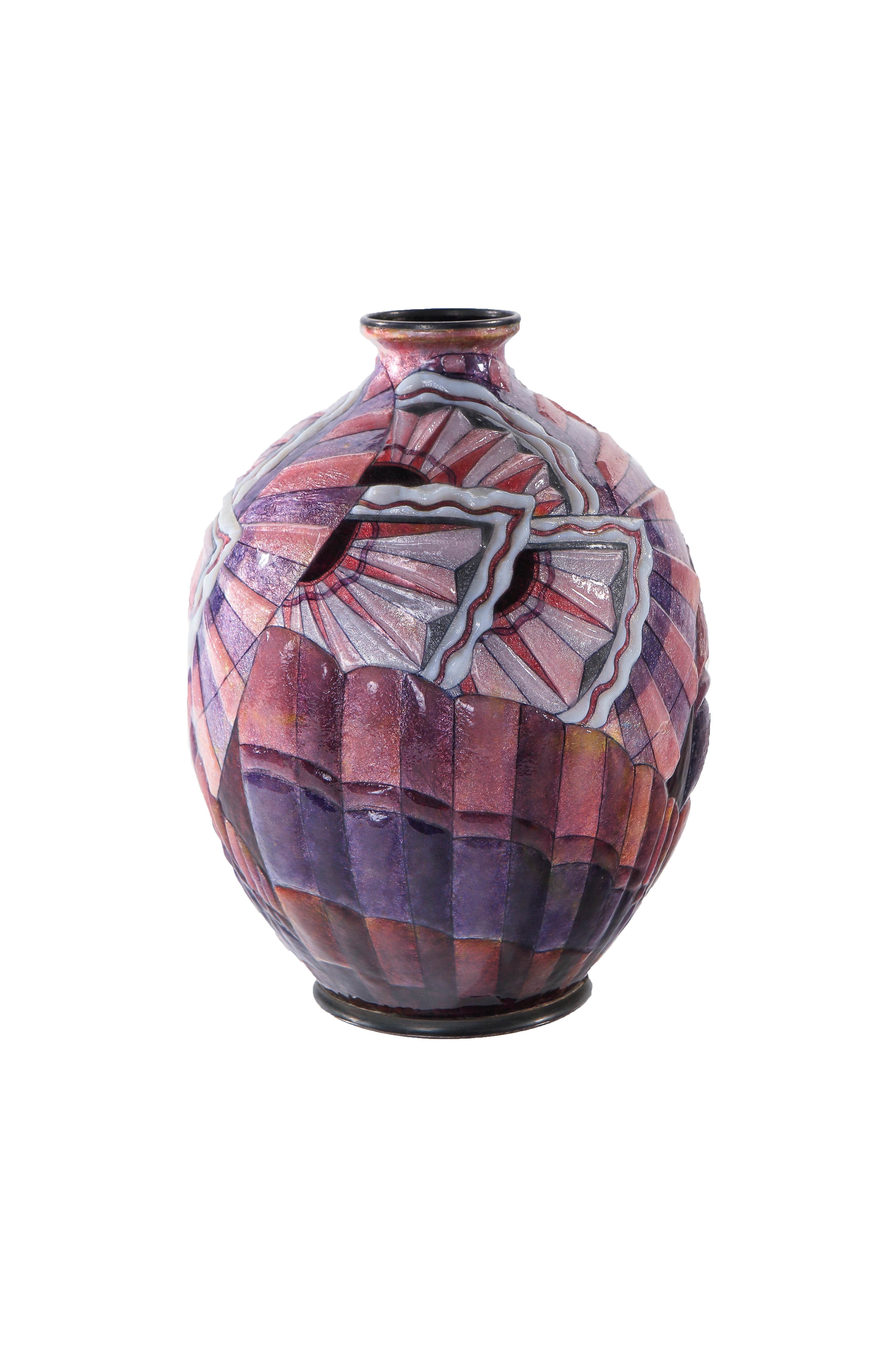 French Art Deco "Geometric" Enameled Vase by, Camille Fauré