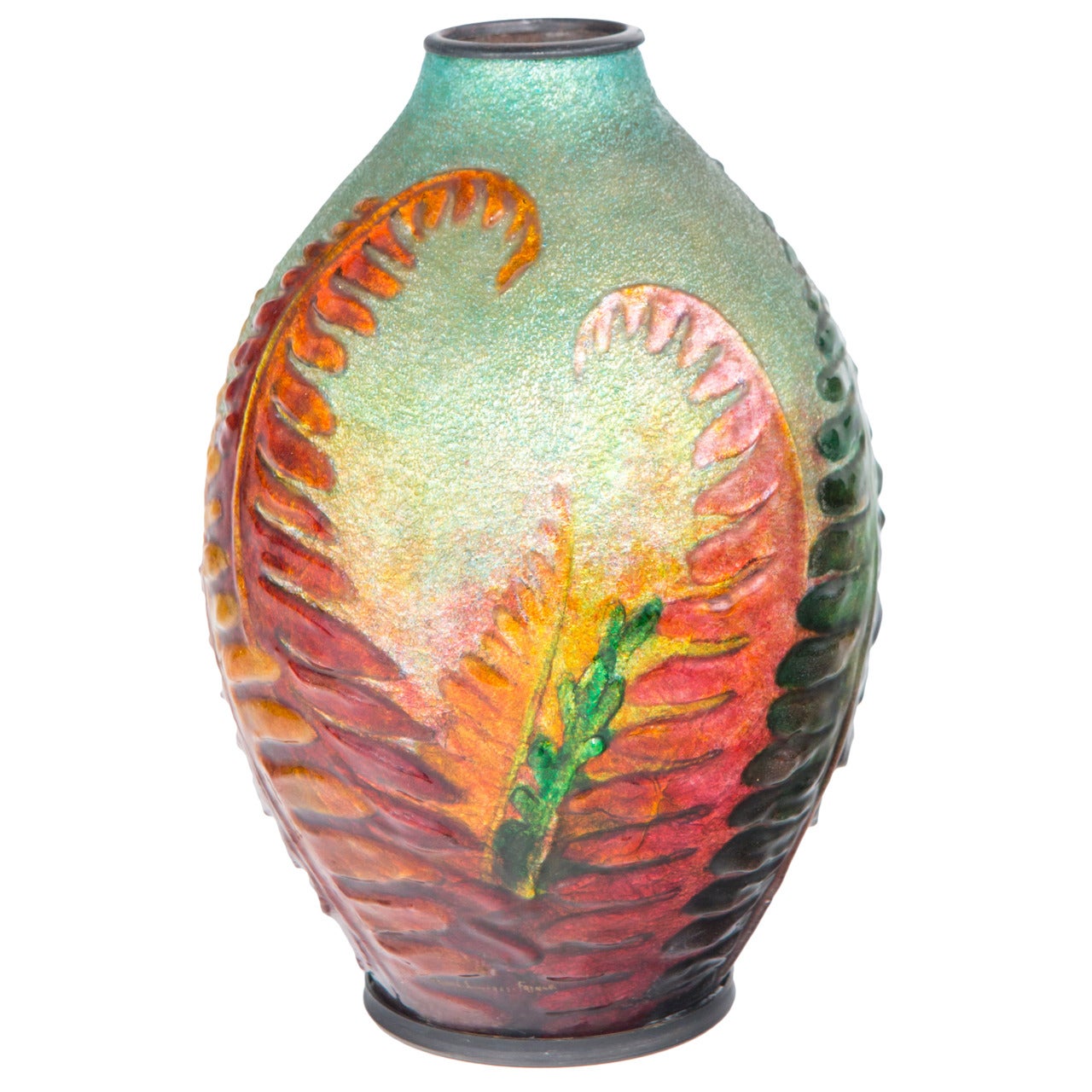 French Art Nouveau Enameled Glass "Fern" Vase by Camille Fauré