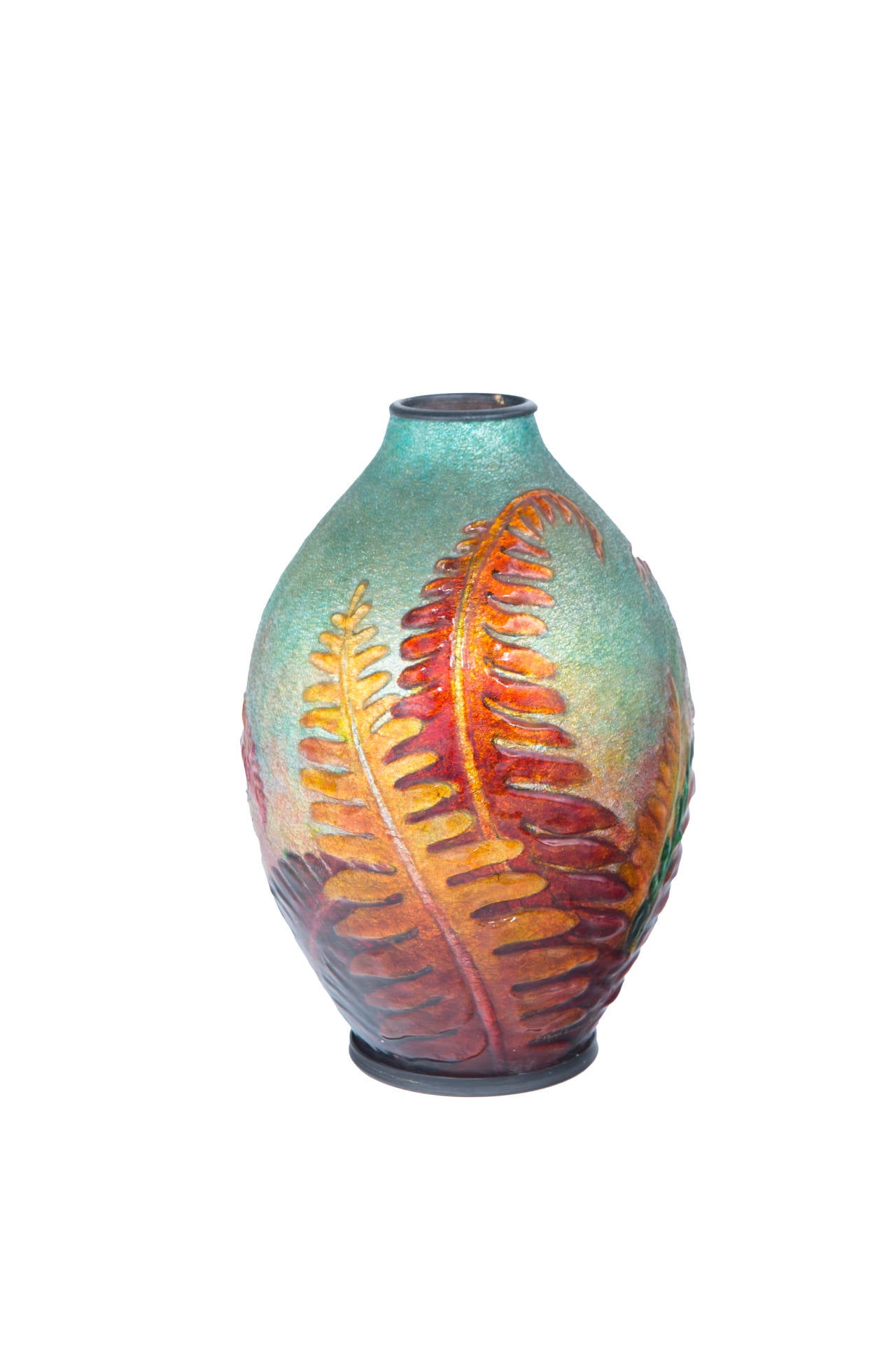 Französische Jugendstilvase "Fern" aus emailliertem Glas von Camille Fauré