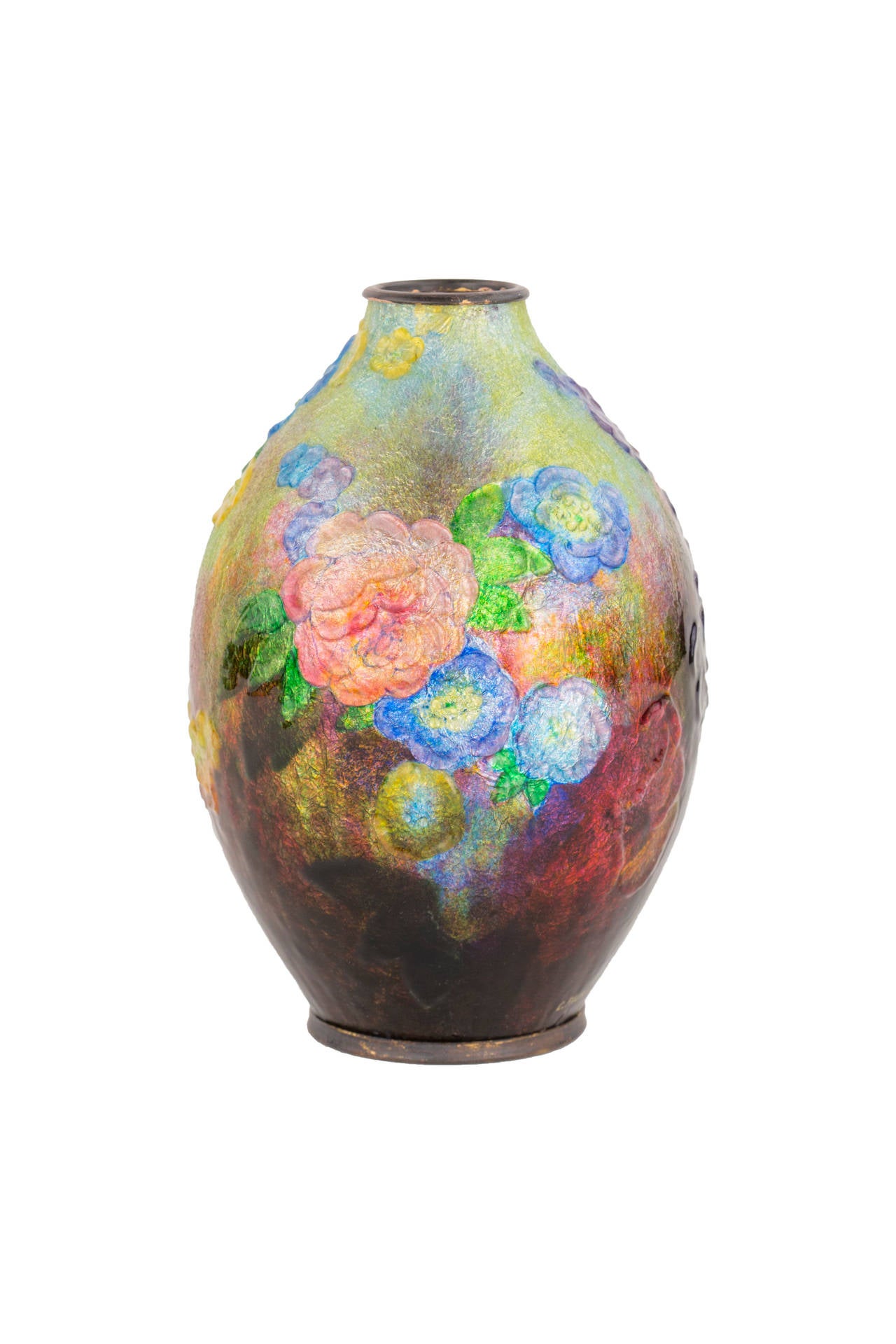 French Floral Bouquet Enameled Vase by Camille Fauré