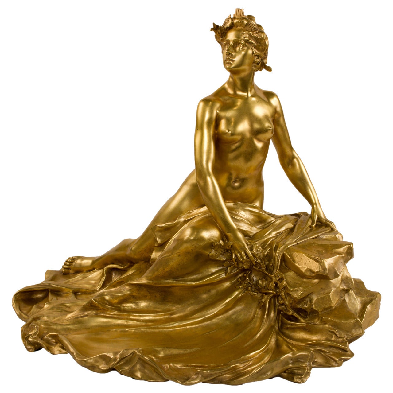 French Art Nouveau Gilt-Bronze Sculptural Inkwell by François-Raoul Larche