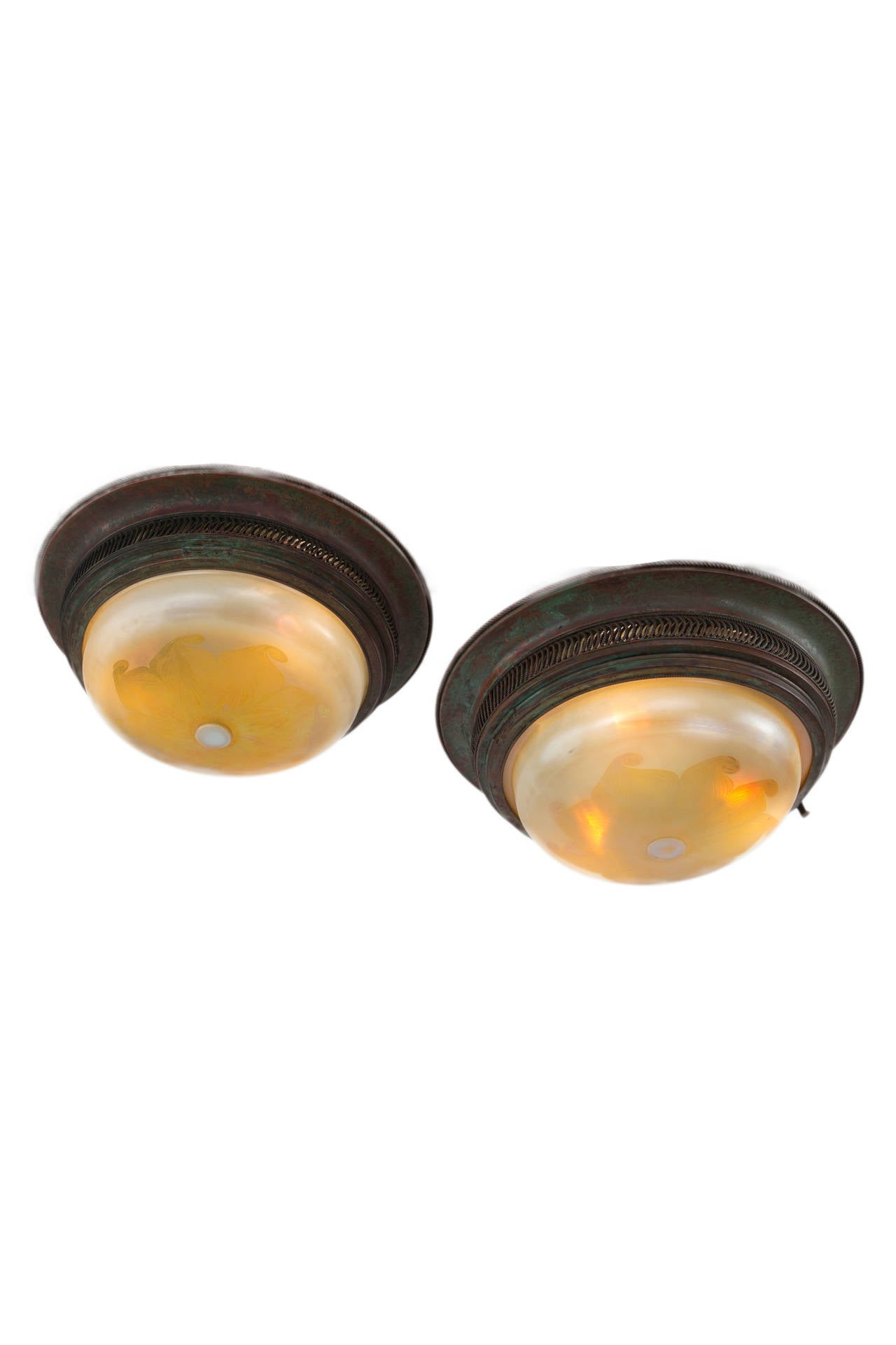 Patinated Pair of Tiffany Studios Moorish Flush Mounts