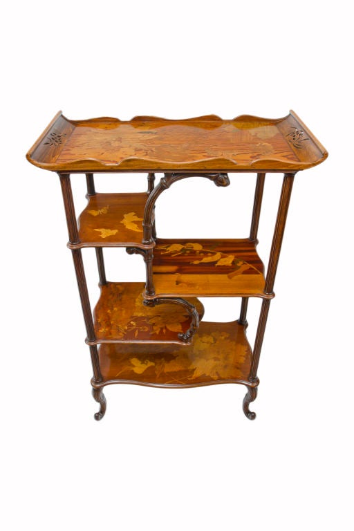 French Art Nouveau Bamboo Étagère by, Emile Gallé<br />
<br />
Rare French Art Nouveau carved wood, inlaid marquetry and pierce carved 