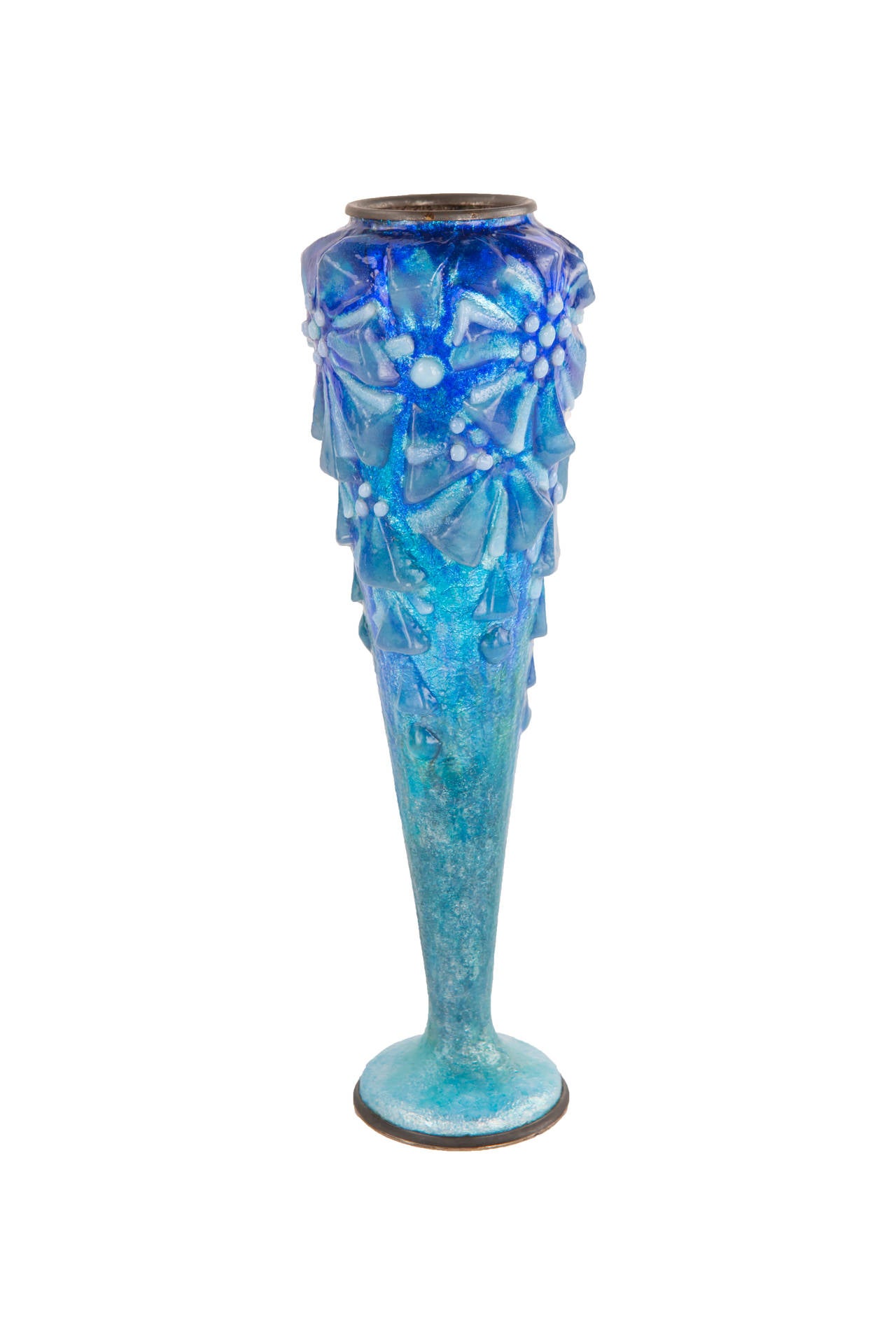 A French Art Deco enamel laid on copper Geometric Floral vase by, Camille Fauré decorated with raised enamel geometric shapes in colors of white and various blues. The vase is signed, 