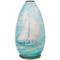 Enameled Over Copper "Sailboat" Vase by Camille Fauré