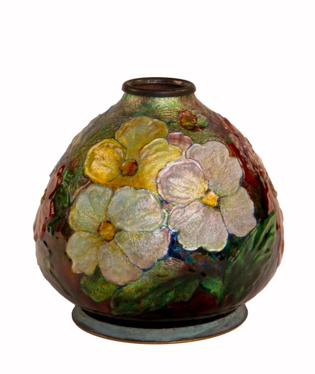 French All Over Floral Enameled Vase by Camille Faure