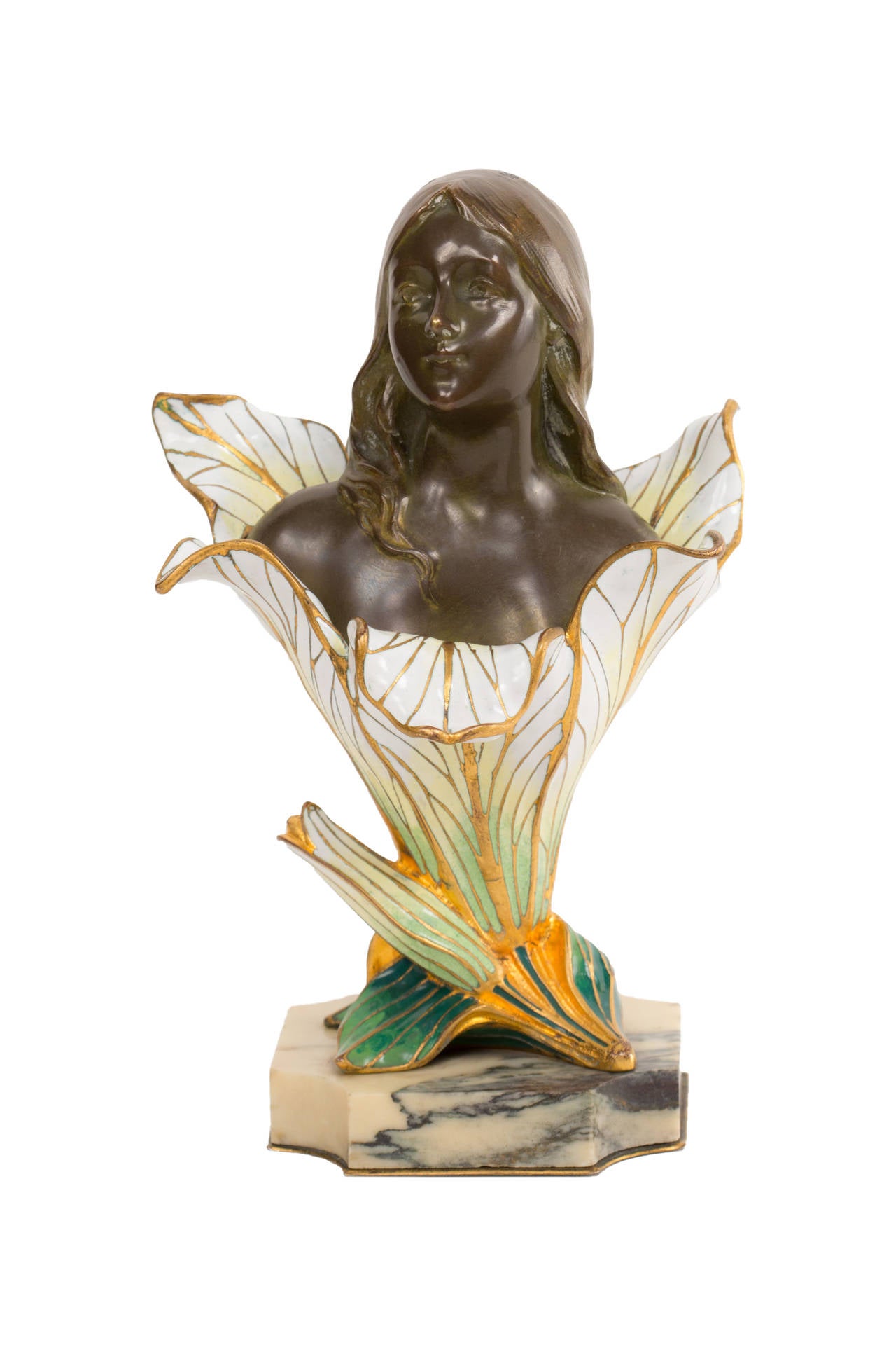 Henri Godet Enamel and Bronze Sculpture "Femme-Fleur Iris"