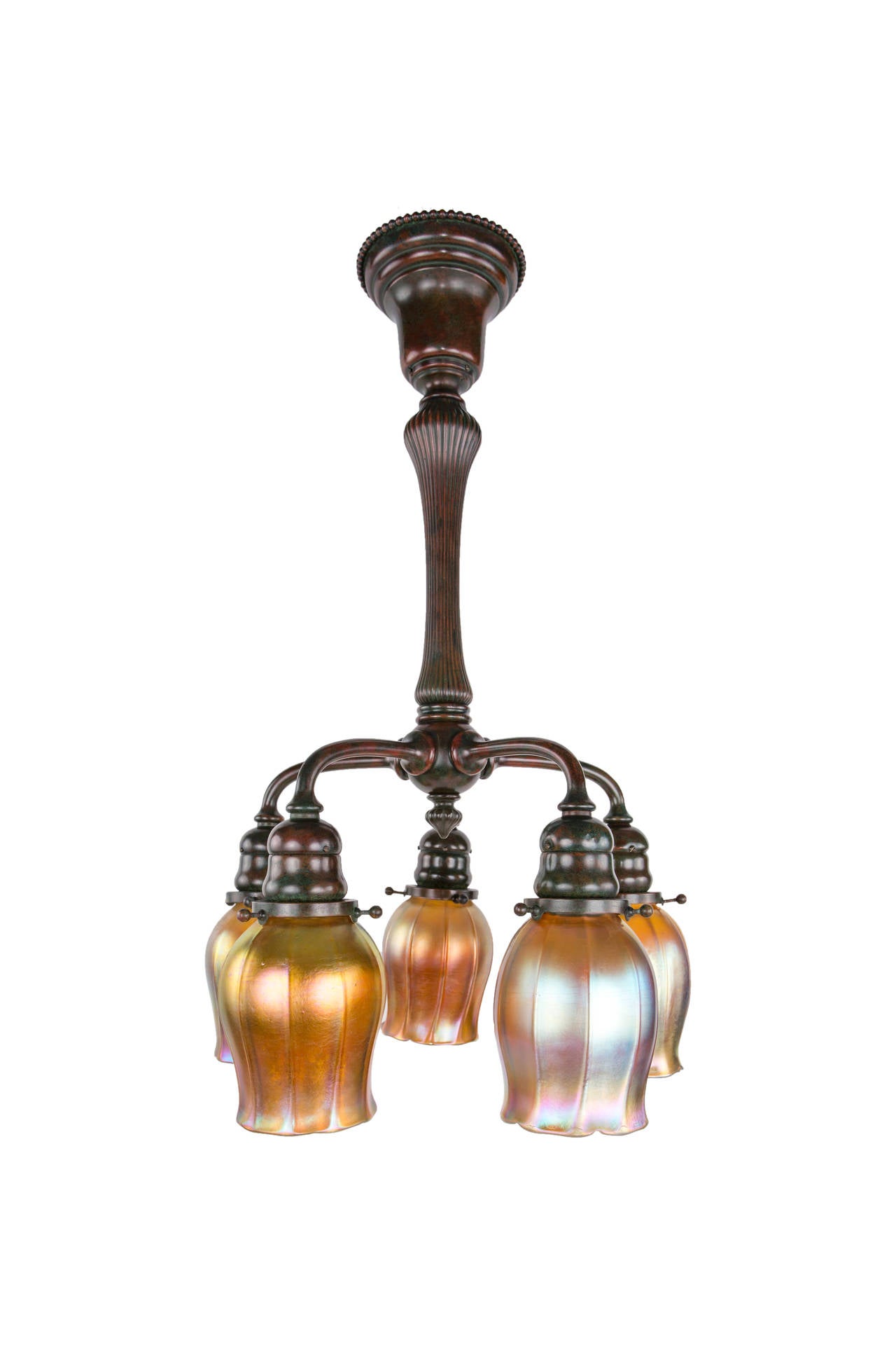 Patinated Pair of Art Nouveau Chandeliers by Tiffany Studios