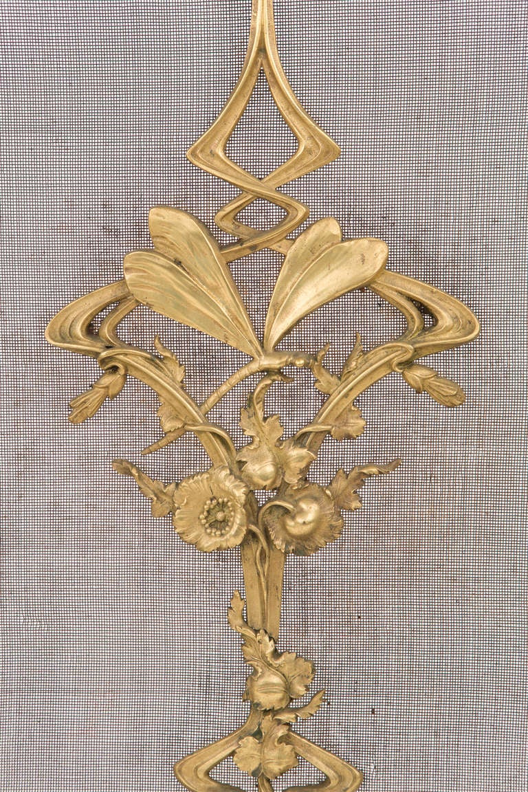 A French Art Nouveau gilt bronze fire screen decorated with highly organic whiplashes amongst poppies and further decorated with a dragonfly in flight in the center.