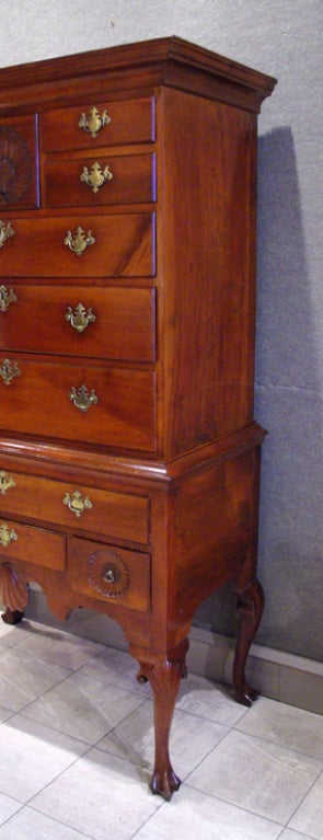 18th Century and Earlier Queen Anne Carved Cherrywood High Chest of Drawers