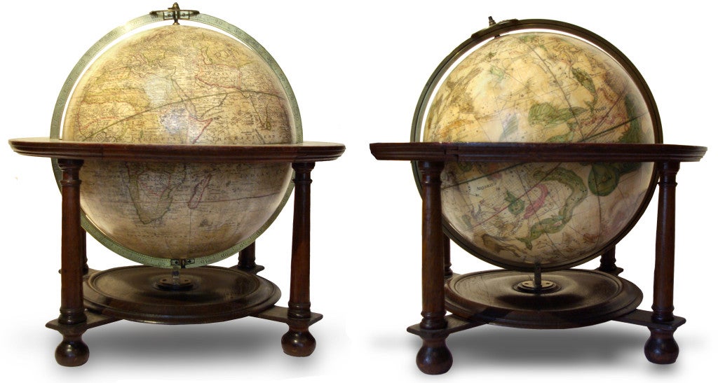 John Senex (1678-1740)
John Senex's Terrestrial and Celestial Globes
London
1756
Globes each 12 inch diameter; base height: 17 inches; base width: 17 1/2 inches.


A FINE PAIR OF 12-INCH TERRESTRIAL AND CELESTIAL GLOBES
Globes each 12 inch