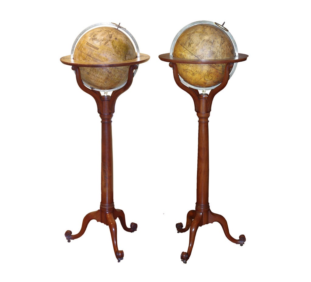 Richard Cushee (d. 1732)
A Pair of Tall Georgian Library Globes
London
Globes circa 1730, stands circa 1750


A Pair of English 15 Inch Library Globes
The Terrestrial, with figural cartouche engraved: 