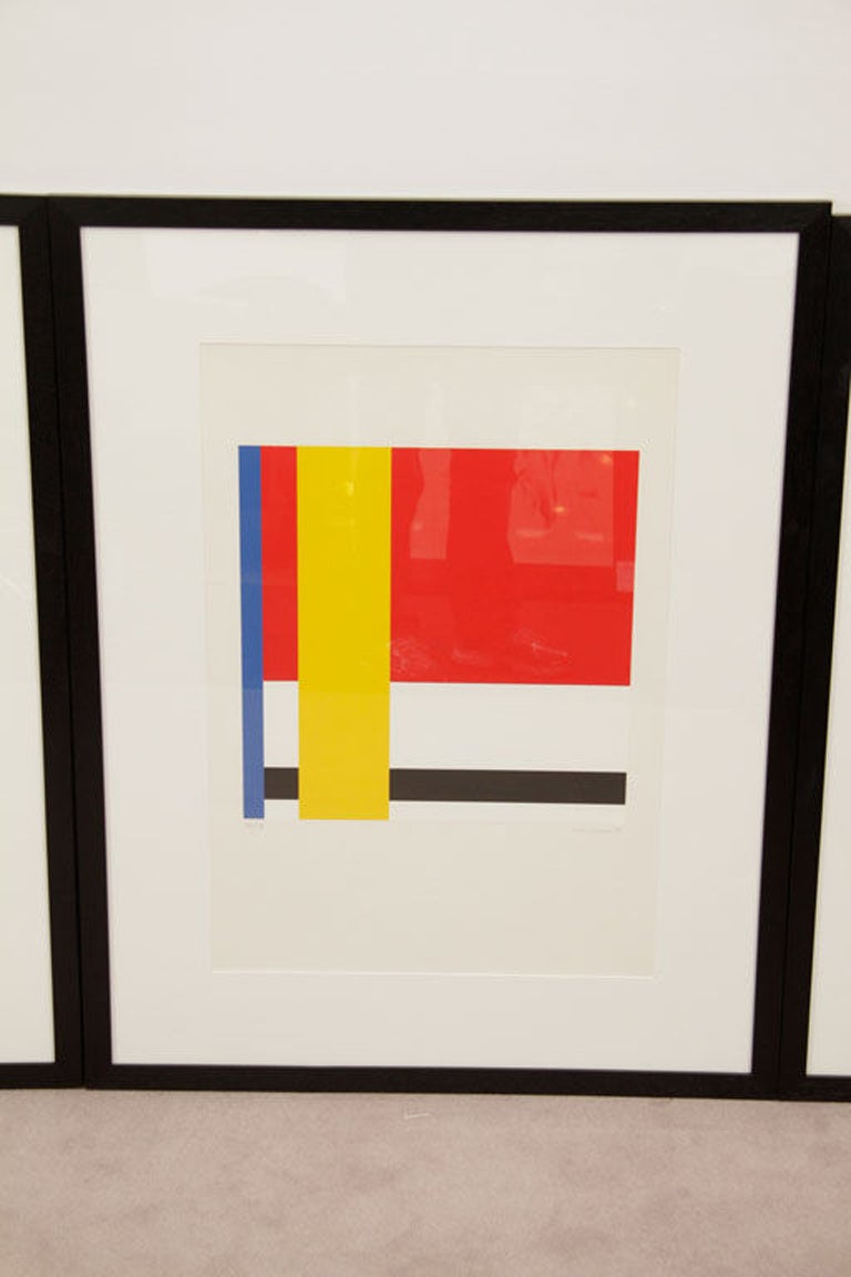 Signed and numbered geometrically composed original silkscreens by German born artist Jo Niemeyer. The series draws upon early 20th century De Stijl ideas and the works of Piet Mondrian and Theo van Doesburg.

