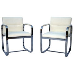 Pair of Mid Century Chrome Armchairs in Cream Linen