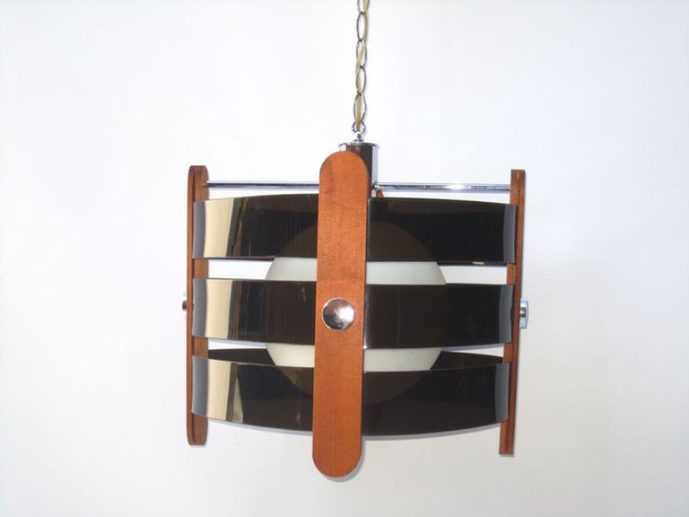 Mid-Century Modern Mid Century Chandelier in Walnut with Smoke Colored Rings and White Globe