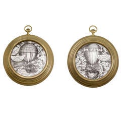 Vintage Mid Century Pair of Fornasetti "Montgolfiere" Ballooning Plates in Pocket Watch Frames