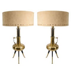 Mid Century Pair of Tripod Table Lamps with Custom Suede Shades