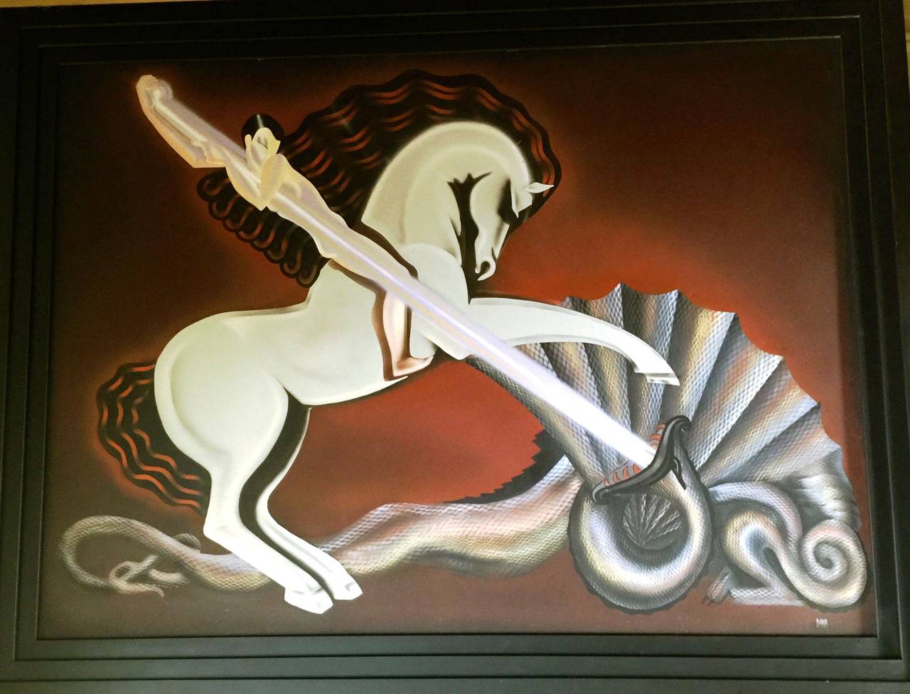 A modernist Art Deco style extraordinary large oil on canvas painting of a stylized St. George and the dragon in an attractive black step frame. A dynamic piece of art signed, Dana.