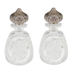 Antique Pair of Cut Crystal Perfume Bottles with Sterling Silver Top