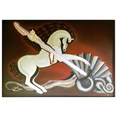 Modernist Art Deco-Stil Gemälde von St. George & der Drache:: signiert Dana