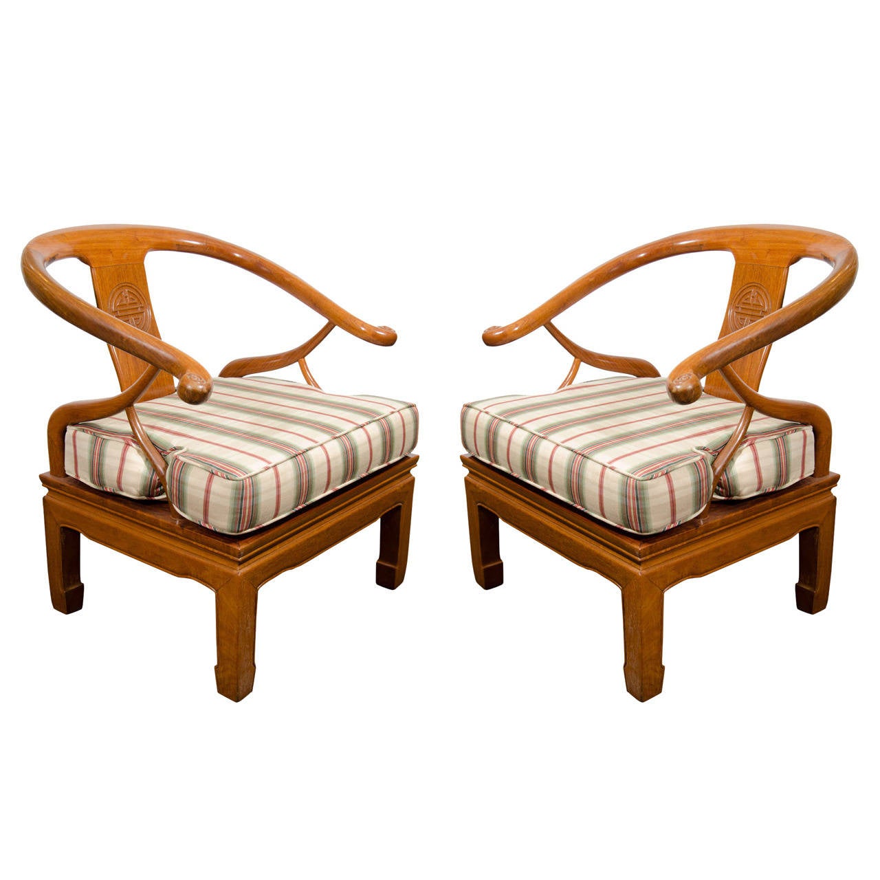 Pair of Chinese Solid Rosewood Carved Horseshoe-Shaped Armchairs