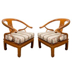 Vintage Pair of Chinese Solid Rosewood Carved Horseshoe-Shaped Armchairs