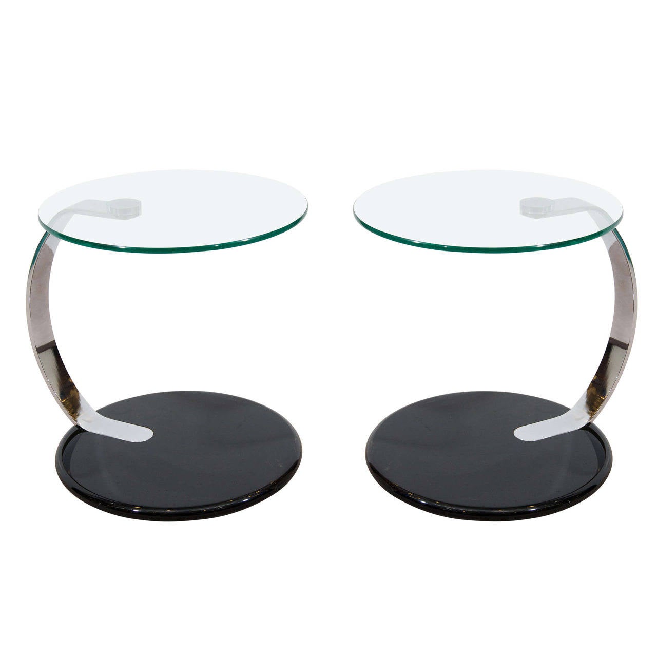 1980s Pair of Circular Glass and Chrome Side or End Tables