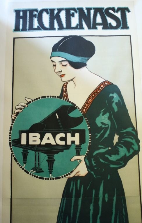 An original vintage lithograph poster by noted Hungarian poster artist Ceza Farago. It is an advertisement for the Budapest based piano store Heckenast.  Ibach was a leading German piano manufacturer, founded in 1793, and until 2007 it was the