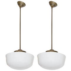 Pair of Vintage Schoolhouse Milk Glass and Brass Pendant Lights, 1940s