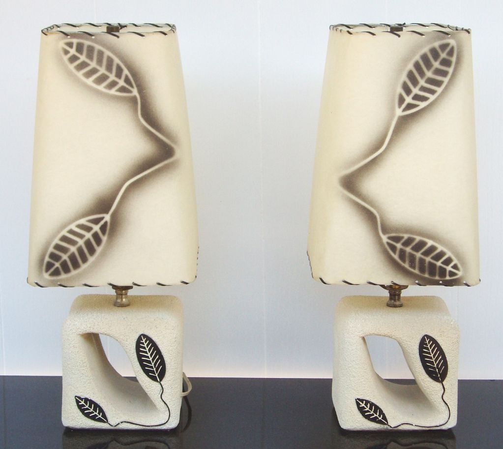 Pair of Mid Century Ceramic Lamps with Leaf Motif