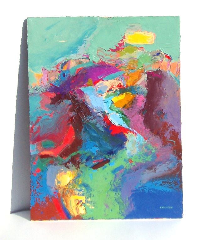 A vibrantly colored abstract painting by Virginia based artist. The piece is acrylic on canvas and the artist's signature is in the lower right corner.