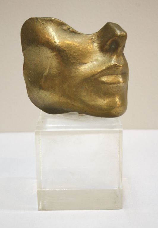 Mid Century Bronze "Face" Sculpture on Lucite Base; Signed