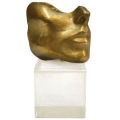 Mid Century Bronze "Face" Sculpture on Lucite Base; Signed