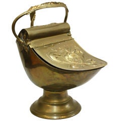 Antique Art Nouveau Brass Coal Scuttle with Shovel