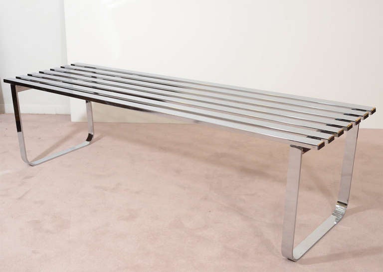 A vintage bench or coffee/cocktail table composed of chrome finished steel slats. The piece is by noted designer Milo Baughman.
