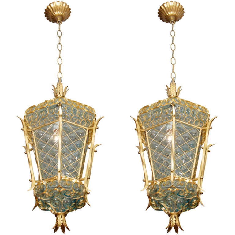 Pair of Mid Century Murano Glass and Gold Leaf Lanterns at 1stdibs