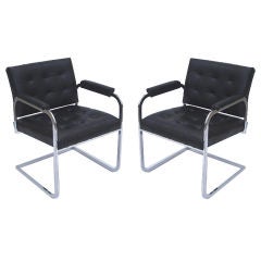 Mid Century Tufted Black Vinyl and Chrome Chairs