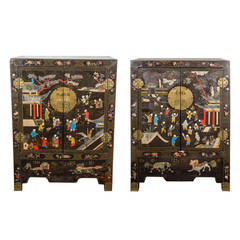 Antique A 20th Century Pair of Decorative Black Chinese Cabinets