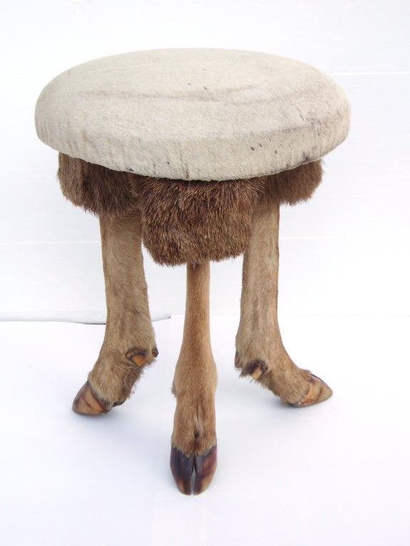 Vintage Tripod Stool w/ Deer Hoof Feet and Hair-on-Hide Cushion